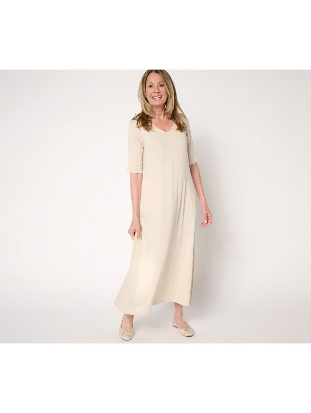 Belle by Kim Gravel Rayon Spandex Elbow Sleeve Maxi Dress Sand Bar, Petite 1X